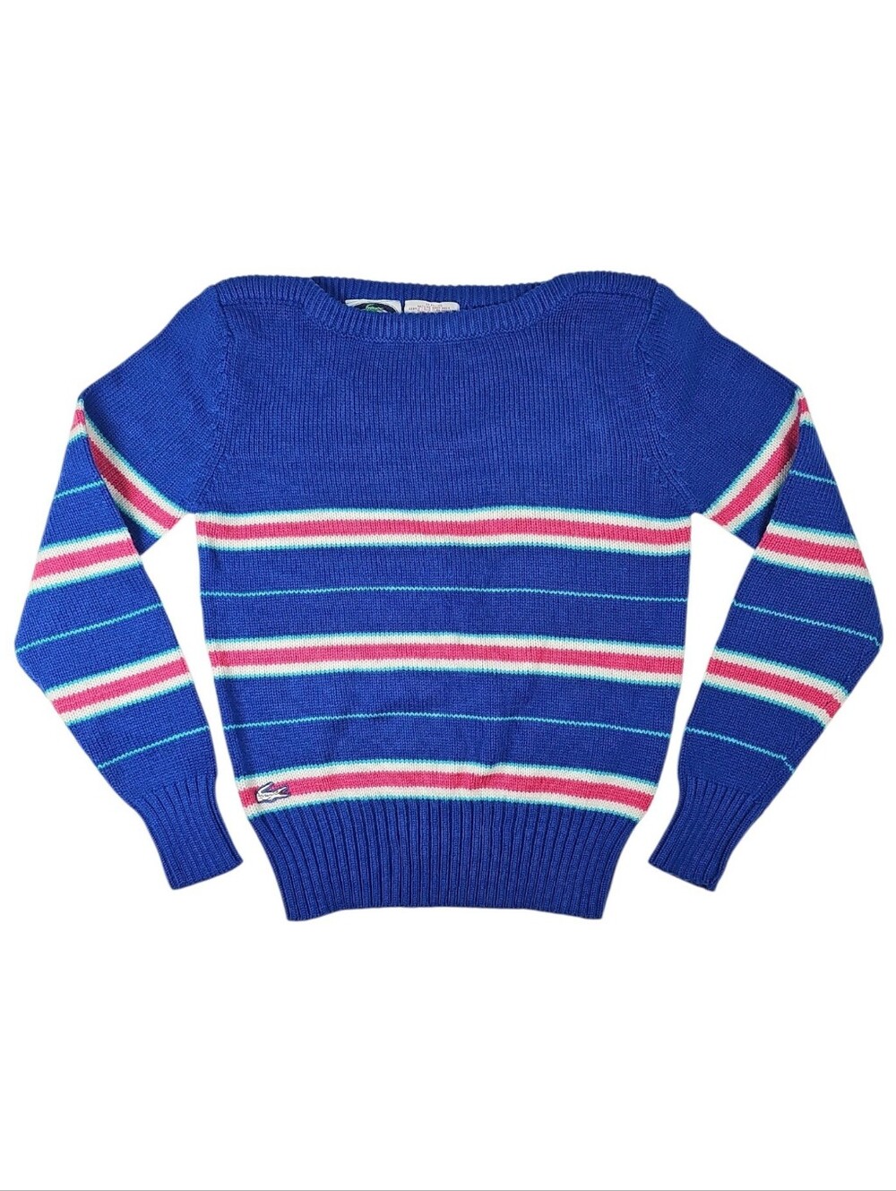 Izod Lacoste Vintage Royal Blue Pink Stripe Boat Neck Sweater Size S *READ